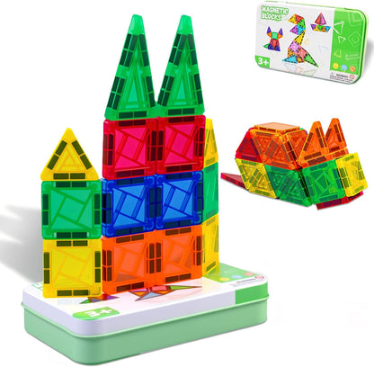 Mini Magnetic Tiles,42PCS Magnetic Building Blocks with Metal Storage Box,STEM Toys for Kids Ages 3+,Sensory Toys for Kids with Autism