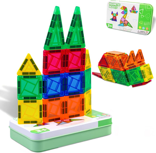 Mini Magnetic Tiles,42PCS Magnetic Building Blocks with Metal Storage Box,STEM Toys for Kids Ages 3+,Sensory Toys for Kids with Autism