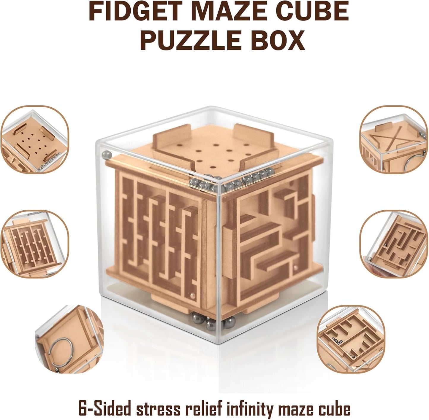 Fidget Puzzle Cube for Kids and Adults - 6-Sided Wooden Puzzle Game Fidget Toy for Anxiety Relief - Handheld Maze Cube for Travel - 3D Brain Teaser Magic Cube Fidget for Christmas Stocking Stuffers