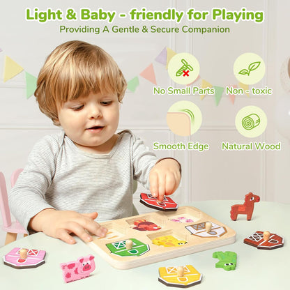 JoyCat Wooden Puzzles for Toddlers 1-3, Montessori Toys for 1 2 Year Old Boy Girl Birthday, Animal Match Farm Peg Puzzles, Preschool Learning Toys for Toddlers Age 1-2