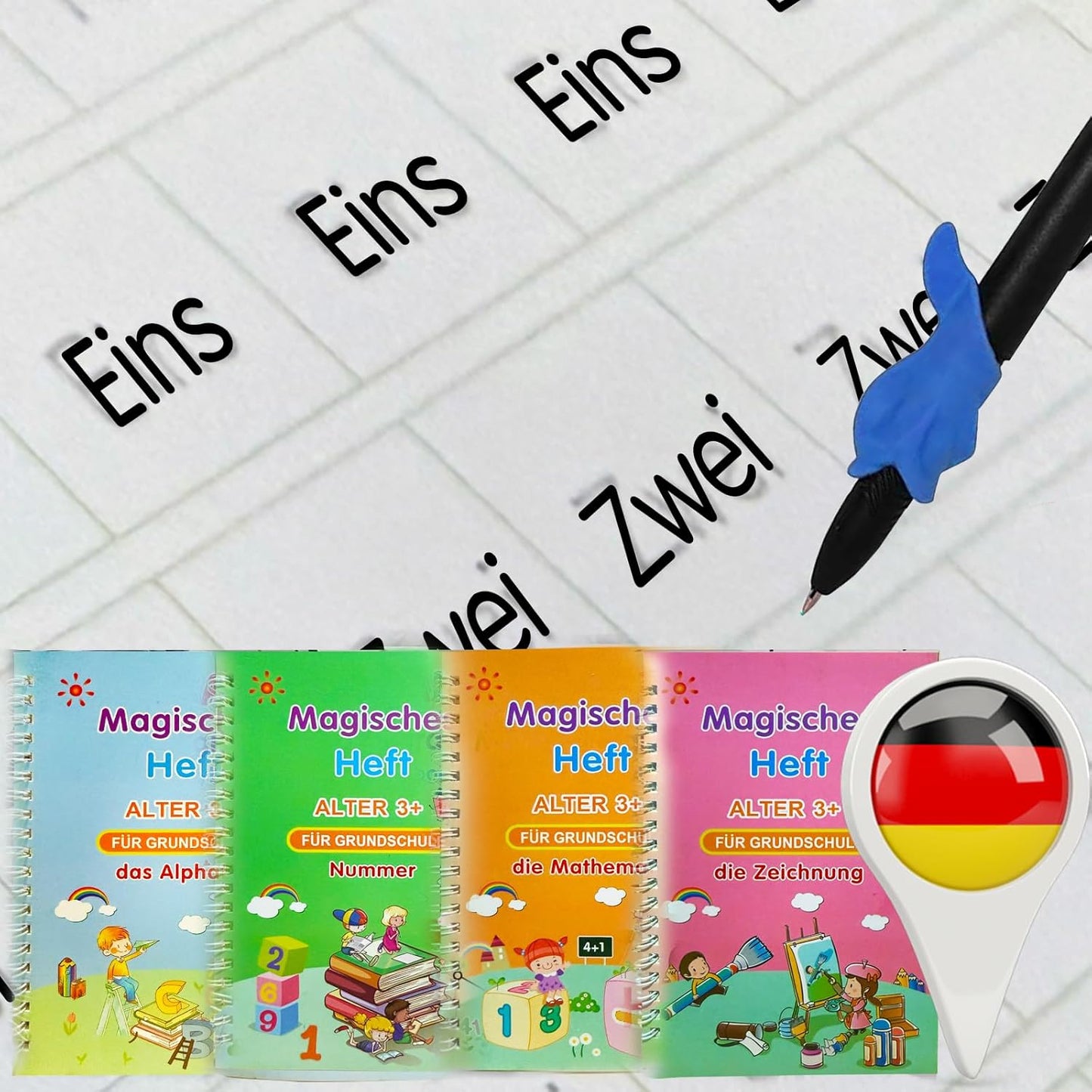 4 Magic Grooved Writing Practice for Kids - English Pre K Tracing Practice Book, Reusable Preschool Handwriting Workbooks Without Tears, 4-Theme Copybooks with Pen Refill for Age 3-10 (English, Small)