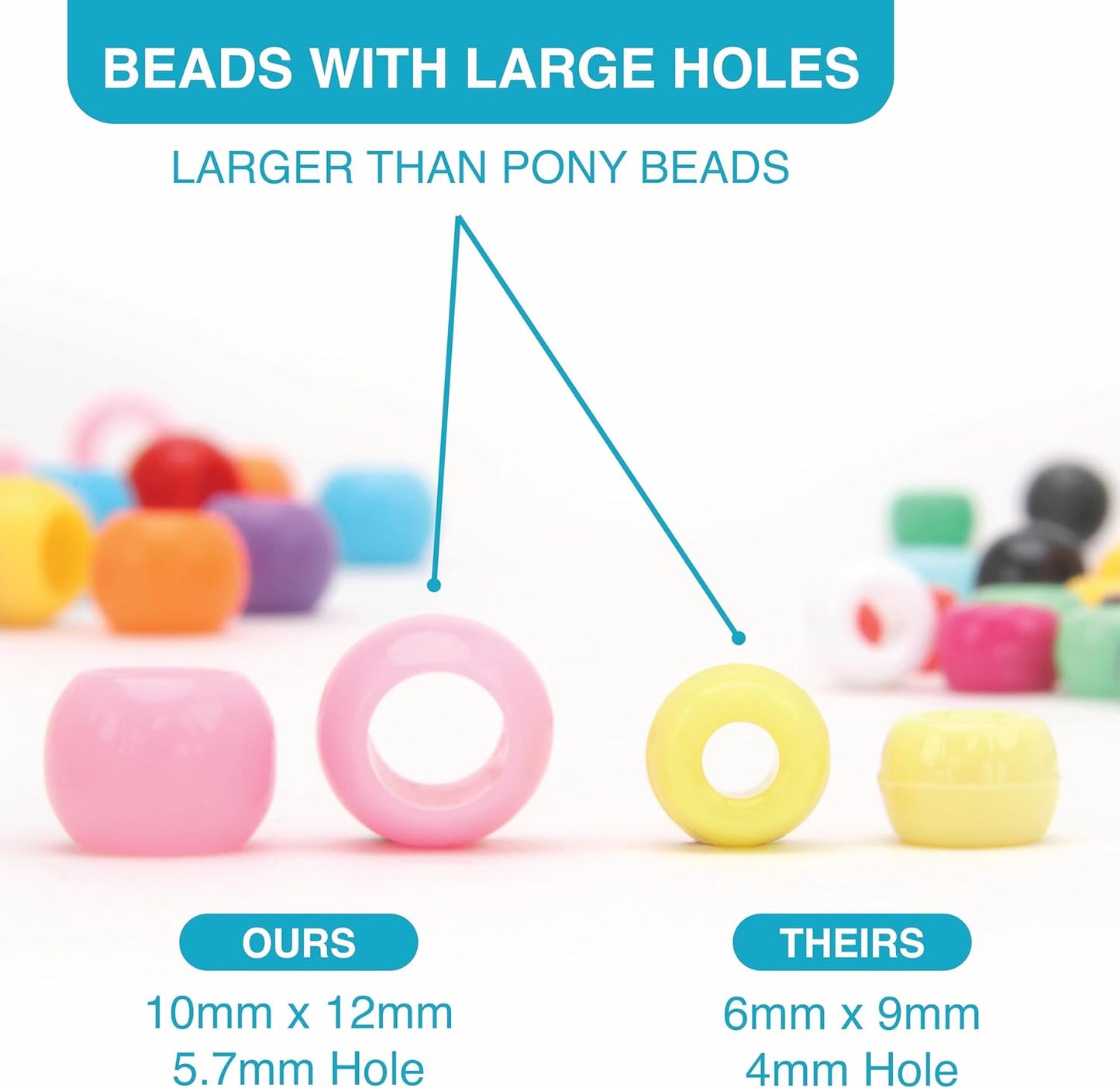 300 Acrylic Large Hole Beads for Crafts and for Hair 10mm x 12mm Acrylic Barrel Beads with 5.7mm Large Hole, Glossy Primary Assortment