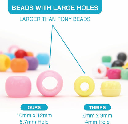 300 Acrylic Large Hole Beads for Crafts and for Hair 10mm x 12mm Acrylic Barrel Beads with 5.7mm Large Hole, Glossy Primary Assortment