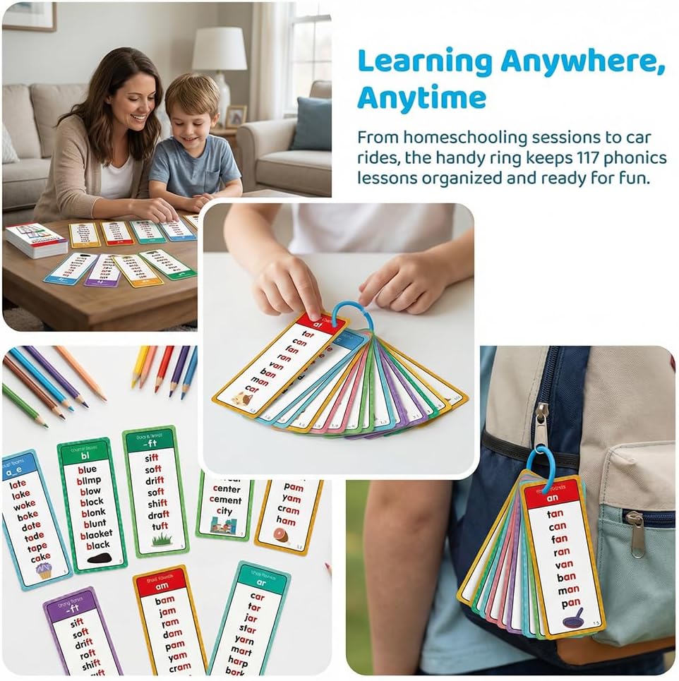 Phonics Flash Cards for Kids Ages 4-8 - 117 Sound Groups & 900+ Rhyming Words, Preschool Kindergarten 1st 2nd Grade Learning Sight Words, Educational Phonics Cards for Toddlers & Kids (White)