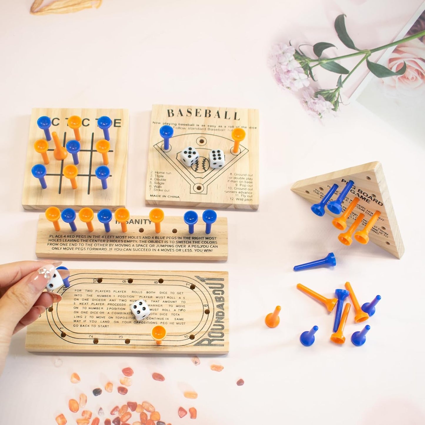 5 PCS Wooden Peg Games Assortment Kit, Strategy Board Table Game Set in 5 Style Including Baseball, Tic-Tac-Toe, Insanity, Peg-Board-Game, Roundabout