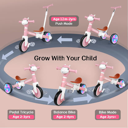Tricycle for Toddlers 1-3 Year Olds, 5 in 1 Toddler Balance Bike 2-4 Years Old Boys Girls, Push Trike Toys with Adjustable Handle, Birthday Gifts for 2 3 4 5 Year Old Kids Bike (Blue)
