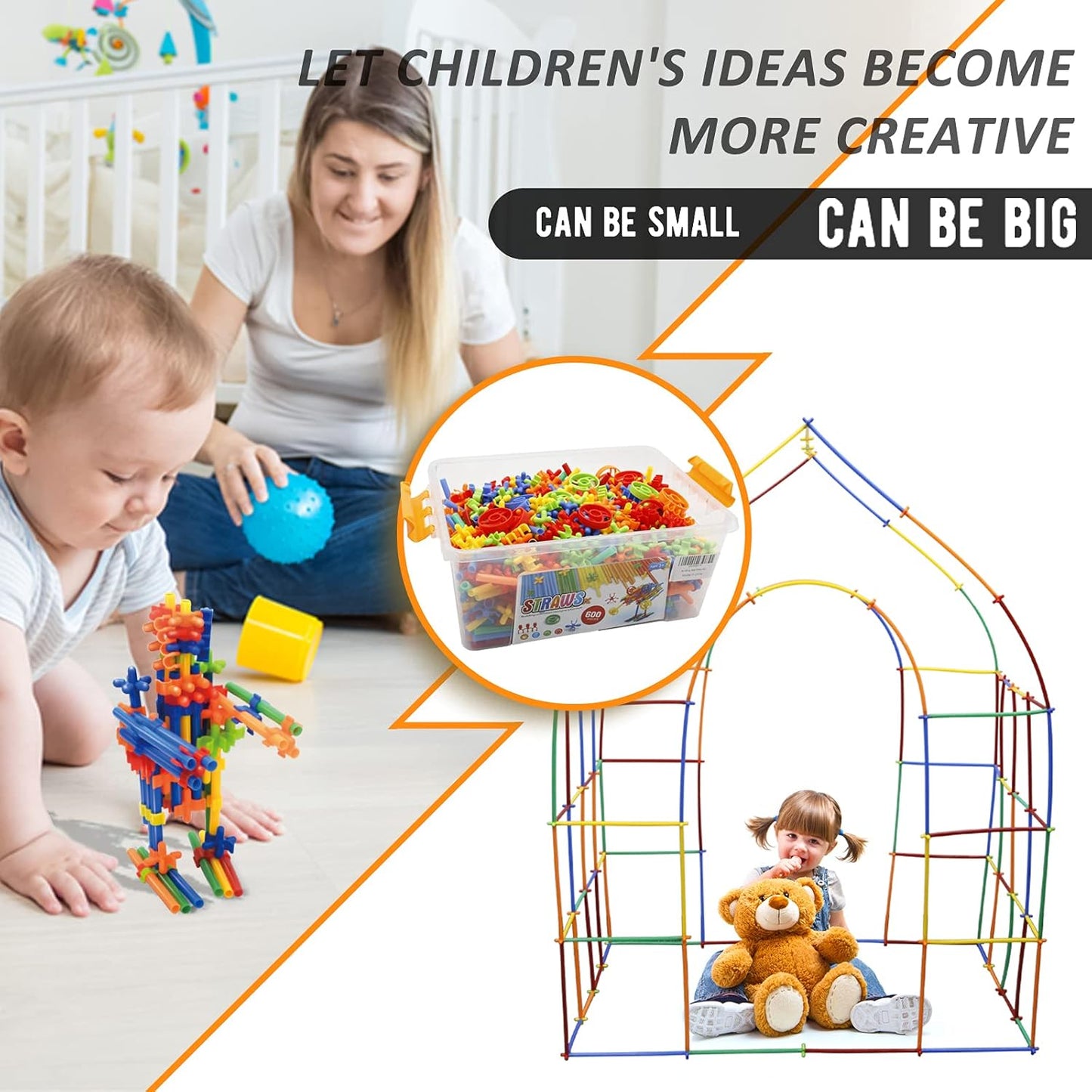 Ggiibro Straw Constructor Toys 600Pcs STEM Building Toy Interlocking Plastic Engineering Thin Tube Blocks Educational Kit for 3 4 5 6 7years Kids Boys and Girls Gift Preschool Toy with Storage Box