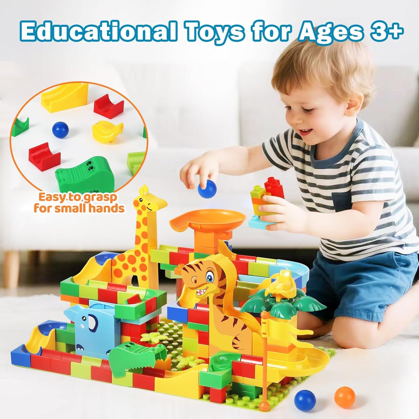 MOONTOY Dinosaur Marble Run 200PC Building Blocks - STEM Educational Toys for Kids Ages 3 4 5 6 7 8, Big Blocks Learning Set for Toddlers Boys & Girls, Gift for Christmas & Birthdays