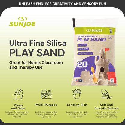 Sun Joe Silica Play Sand for Sandbox, Sensory Table & Gardens, Ultra Fine, 50 Lb Bag - Indoor & Outdoor Craft Accessory for Molding, Digging & Sculpting, PLYSAND50