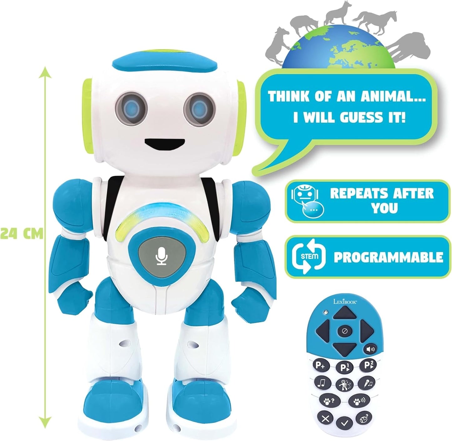 LEXiBOOK Powerman Max - Remote Control Walking Talking Toy Robot STEM Programmable Dances Sings Telling 10,000 Stories 300+ Learning Quiz Shooting Discs and Voice Repeat for Kids 4+ - ROB80EN, White