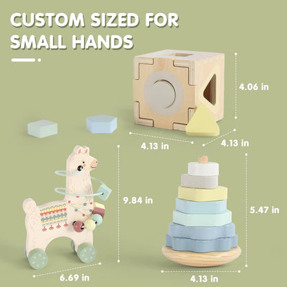 FReniland Montessori Toys for 1 Year Old，3-in-1 Wooden Baby Toys，Wooden Stacking Toy，Toddler Shape Sorting Cube, Giraffe Ring Toy,Newborn Baby Gift Sets for Boys and Girls