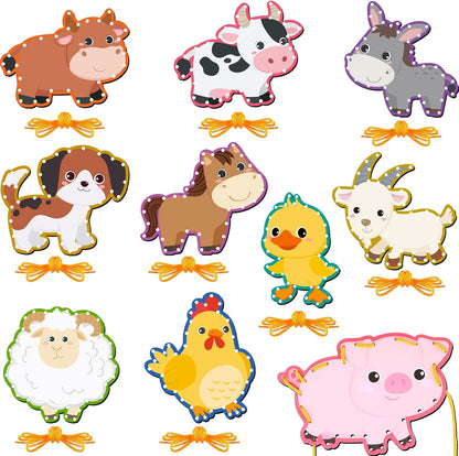 Pajean 10 Pcs Kids Lacing Cards Double Sided Animal Sewing Cards Kits 10 Styles Lacing Toy Crafts for Toddler Ages 3+ Developing Imagination Preschool Learning Activity Supplies(Farm Style)
