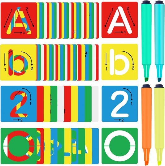 72 Pieces Preschool Letters and Numbers Alphabet Stencils Colorful Double Sided Tracing Board PET Paint Boards for Painting with 4 Pieces Craft Markers Marker Paint Pens Preschool Learning Toys