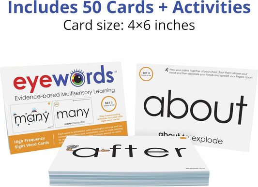 Multisensory Sight Word & Phonics Flash Cards, Set 3 (High-Frequency Words 101-150) - Kinesthetic Learning, Picture-Embedded - Pre-K to Grade 3 - Homeschool & Classroom Use - Model EW-24