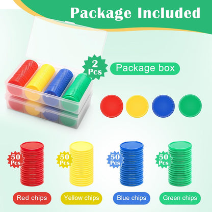 Luxiv 200Pcs Plastic Learning Counters with Storage Box, 4 Colors Bingo Chips 1 Inches Poker Chips Educational Counting Math Counters Manipulatives Round Game Chips Plastic Counters
