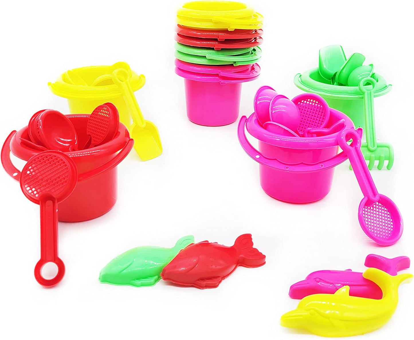 The Dreidel Company Mini Beach Day Playsets (Pack of 6) 3.25" Sand Bucket Play Set Box Includes, Pail, Shovel, Rake, Sifter Scoop, Dolphin Fish Sand Trays Toy for Boys and Girls Birthday Party Favor