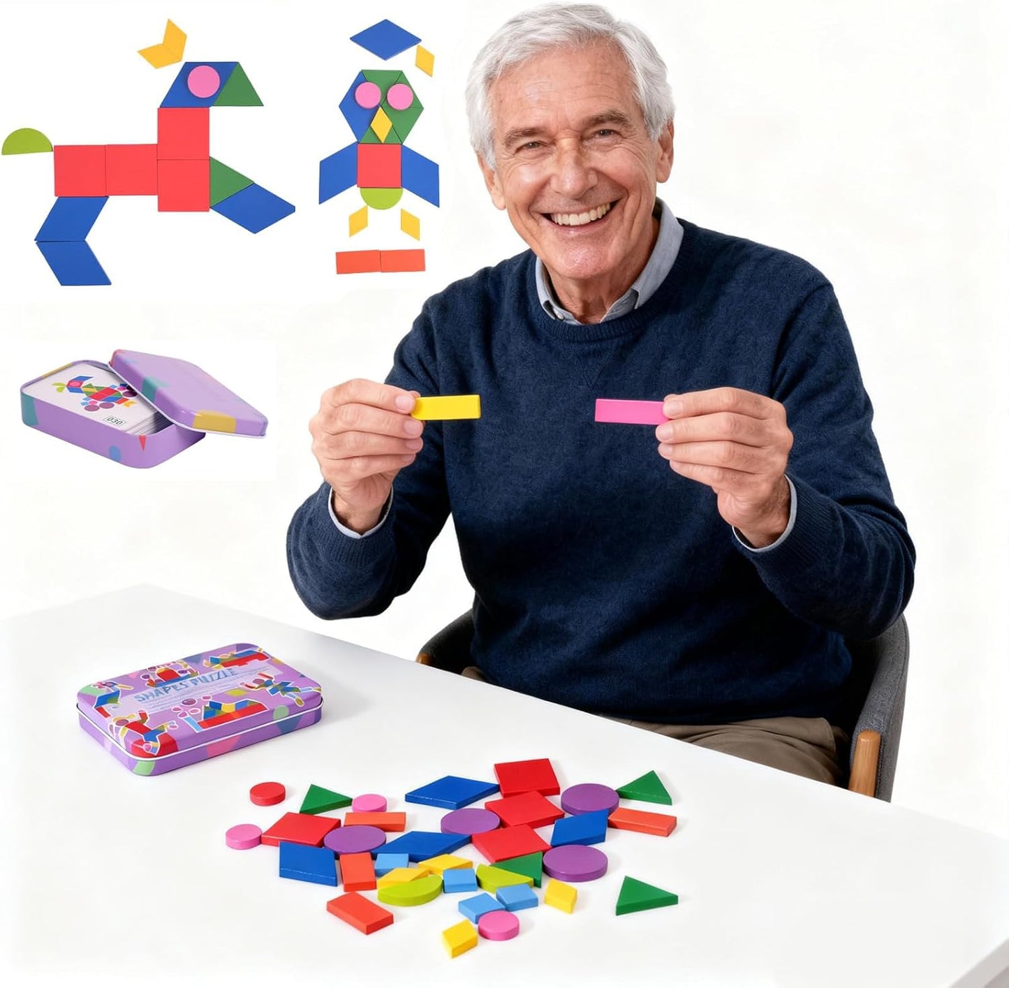 Wooden Tangrams Pattern Blocks, Cognitive Difficulties for Elderly People, Brain-Boosting Crafts Activities for Elderly（Elephant Style）