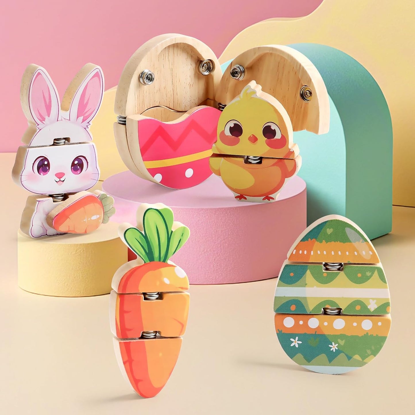 HUZU Animal Snap Wooden Building Blocks – Fun & Educational Puzzle Toy for Kids Aged 3-8, Features Cow, Bear, Lion and Turtle, Matching Game with Interchangeable Animal Faces & Emotions