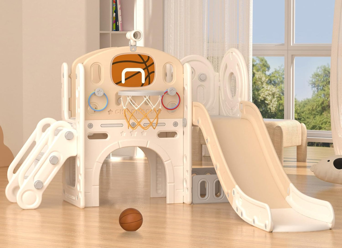 YUFU 9 in 1 Toddler Slide Set, Kids Slide for Toddlers Age 1-3, Toddler Playset with Climber and Basketball Hoop, Kids Indoor Outdoor Playground (Beige+Coffee)