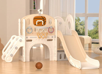 YUFU 9 in 1 Toddler Slide Set, Kids Slide for Toddlers Age 1-3, Toddler Playset with Climber and Basketball Hoop, Kids Indoor Outdoor Playground (Beige+Coffee)