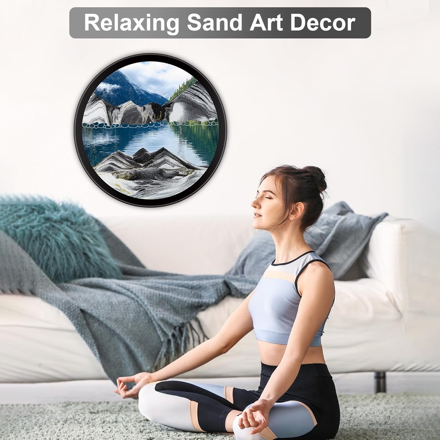 17.3" Moving Sand Art, 3D Sand Art Pictures Deep Sea Sandscape Living Room Decoration, 360° Rotate, Glass Crafts Solid Wood Frame, Relaxing Mood Home Office Work Wall Art Decor