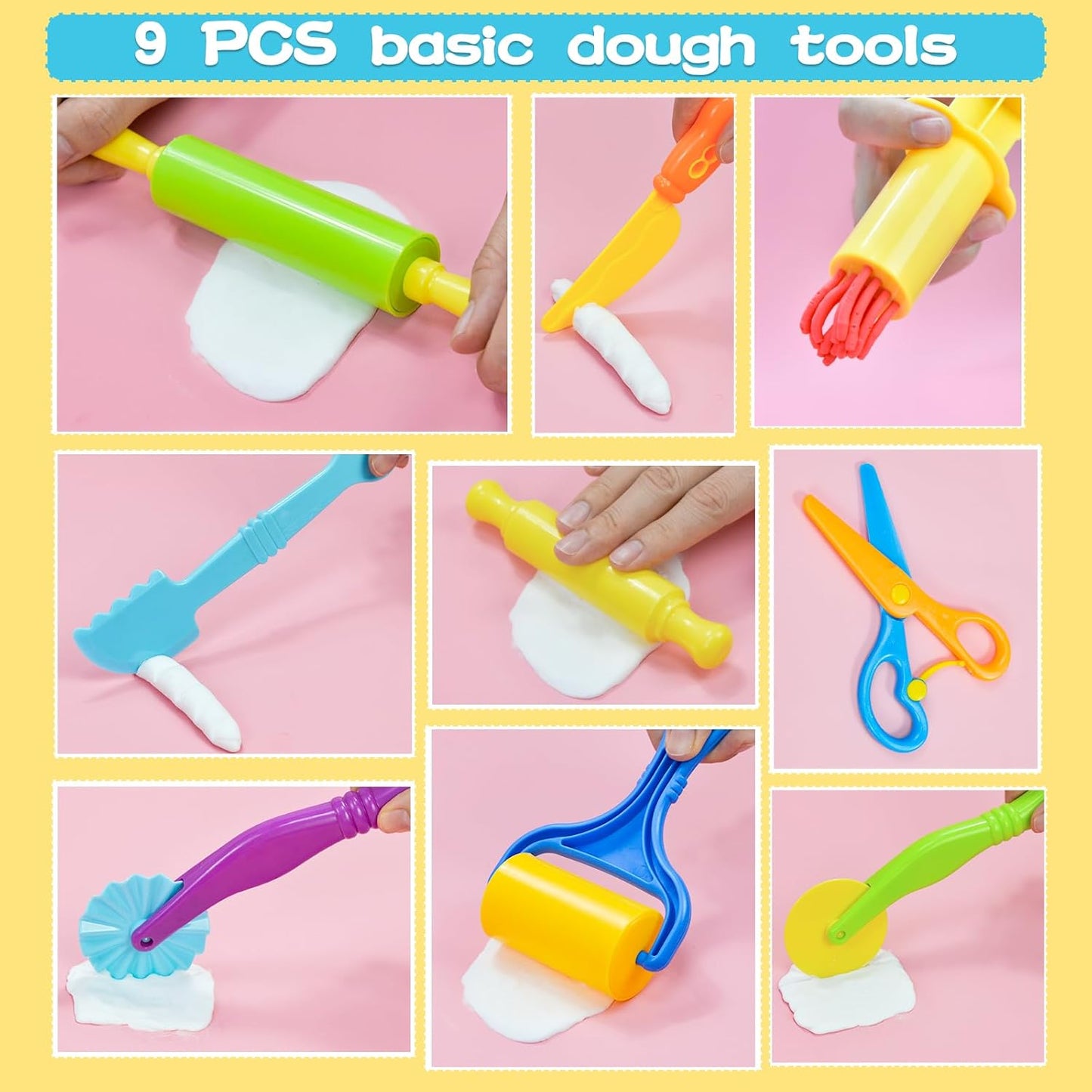 LCY WEDSHI Dough Tool Set, 9 Pcs Dough Tools Sets for Kids Ages 4-8, Dough Accessories Includes Cutters Roller, Rolling Pins, Safety Scissors, Plastic Knife, Plastic Rollers