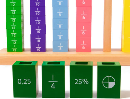 Premium Large Montessori Fractions Skittles Fraction Tower Cubes – 21.3" Solid Beechwood Fraction Manipulatives, 8 Color-Coded Towers with Fractions Decimals Percents & Circle Graphics, Ages 6-12