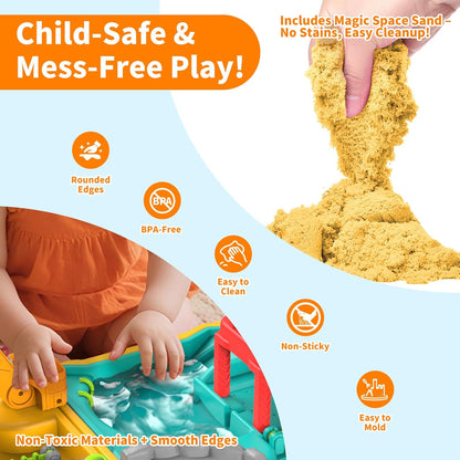 Construction Sand Kit with Foldable Sandbox Case - 1.1lbs Sensory Play Sand, 4 Alloy Trucks & Molds - Mess-Free Travel Beach Toys for Toddlers 3-5, Portable Dry-Wet Separation Design