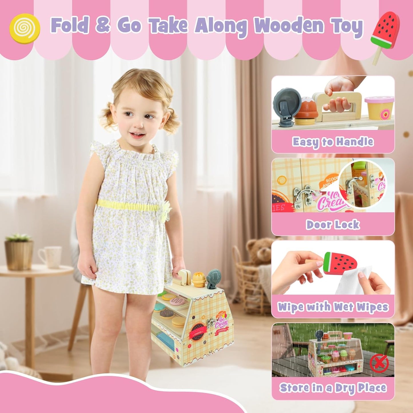 SIMPLIPLAY 2 in 1 Portable Wooden Ice Cream Toy & Cookie Play Set (63pcs), Slice and Bake Cookies, Scoop and Serve Ice Cream Counter with Pretend Play Food, Play Kitchen Accessories, Kids Gift Ages 3+