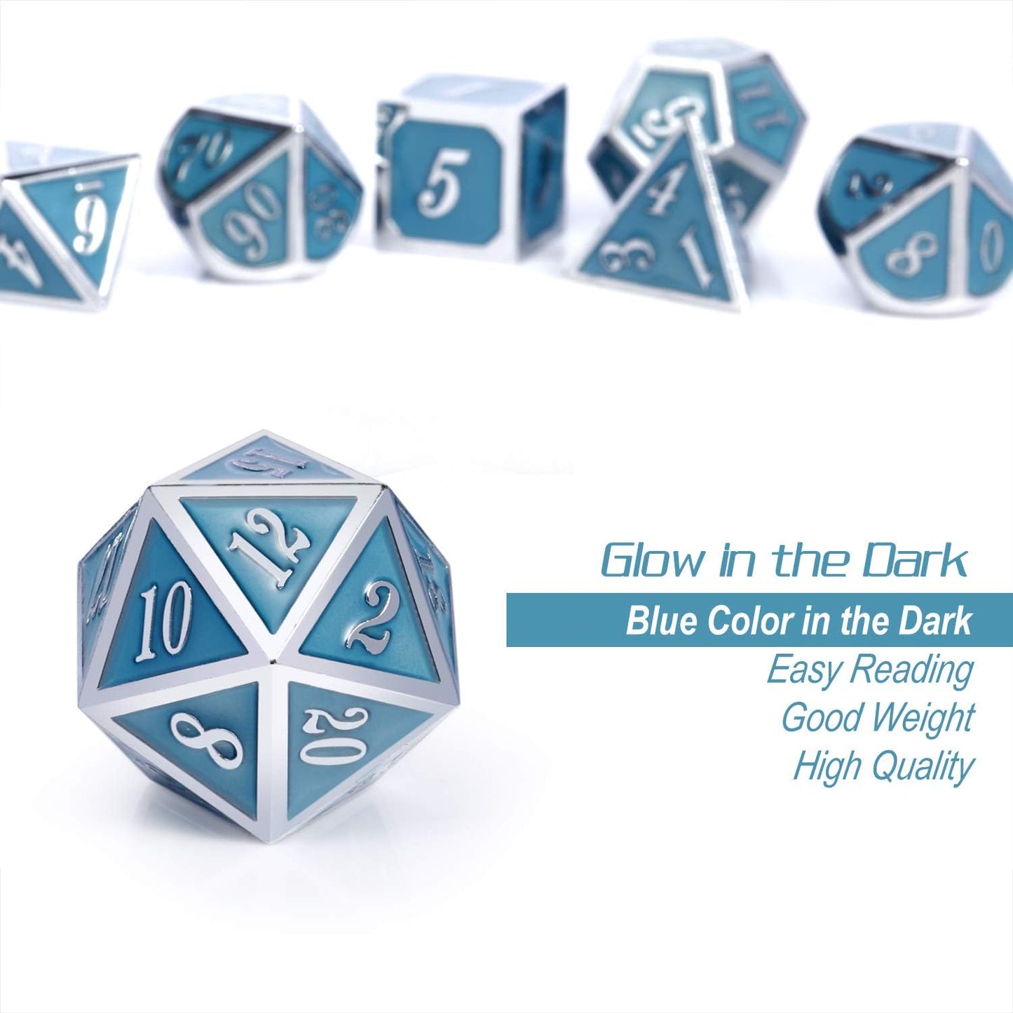 DnDnD Heavy Polyhedral Metal Dice Set with Metal Box, 7-die Shiny Blue Surface with Golden Number for RPG,Dungeons and Dragons,Pathfinder,Shadowrun,D&D,Role Palying Game and Math Teaching - Colors B