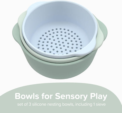 Inspire My Play - 3 x Nesting Bowls and Sieve - Perfect for Sensory PlayTray - Sensory Bin Accessories - Special Education Classroom Supplies - Montessori Education Toys - Natural