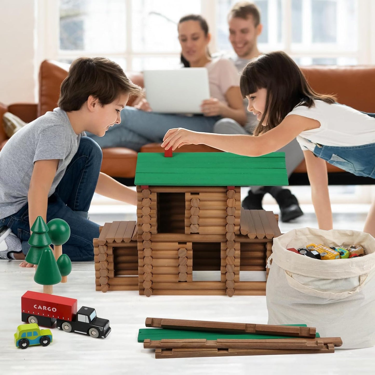 Wondertoys 208 Pcs Wooden Log Set - Classic Building Logs Ages 3+ - Best Retro Building Gift Set for Boys - Creative Construction Engineering Educational Gifts