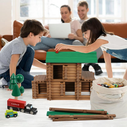 Wondertoys 208 Pcs Wooden Log Set - Classic Building Logs Ages 3+ - Best Retro Building Gift Set for Boys - Creative Construction Engineering Educational Gifts