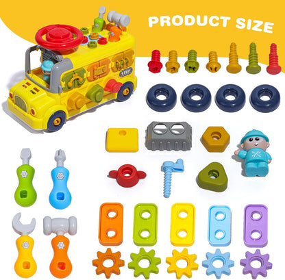 SO&MOTOYS 53 PCS Montessori Tool Kit for Toddlers 3-5 | Realistic Kids Screwdriver Set with Engineer Doll | STEM Learning Building Toys for Fine Motor Skills | Busy Bus Engineering Vehicle Gift