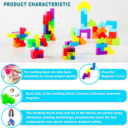 Magnetic Building Blocks Magic Magnetic 3D Puzzle Cubes, Set of 7 Multi Shapes Magnetics Blocks with 54 Guide Cards, Children's Educational Toys and Stress Relief Fidget Toys for Kids Adults