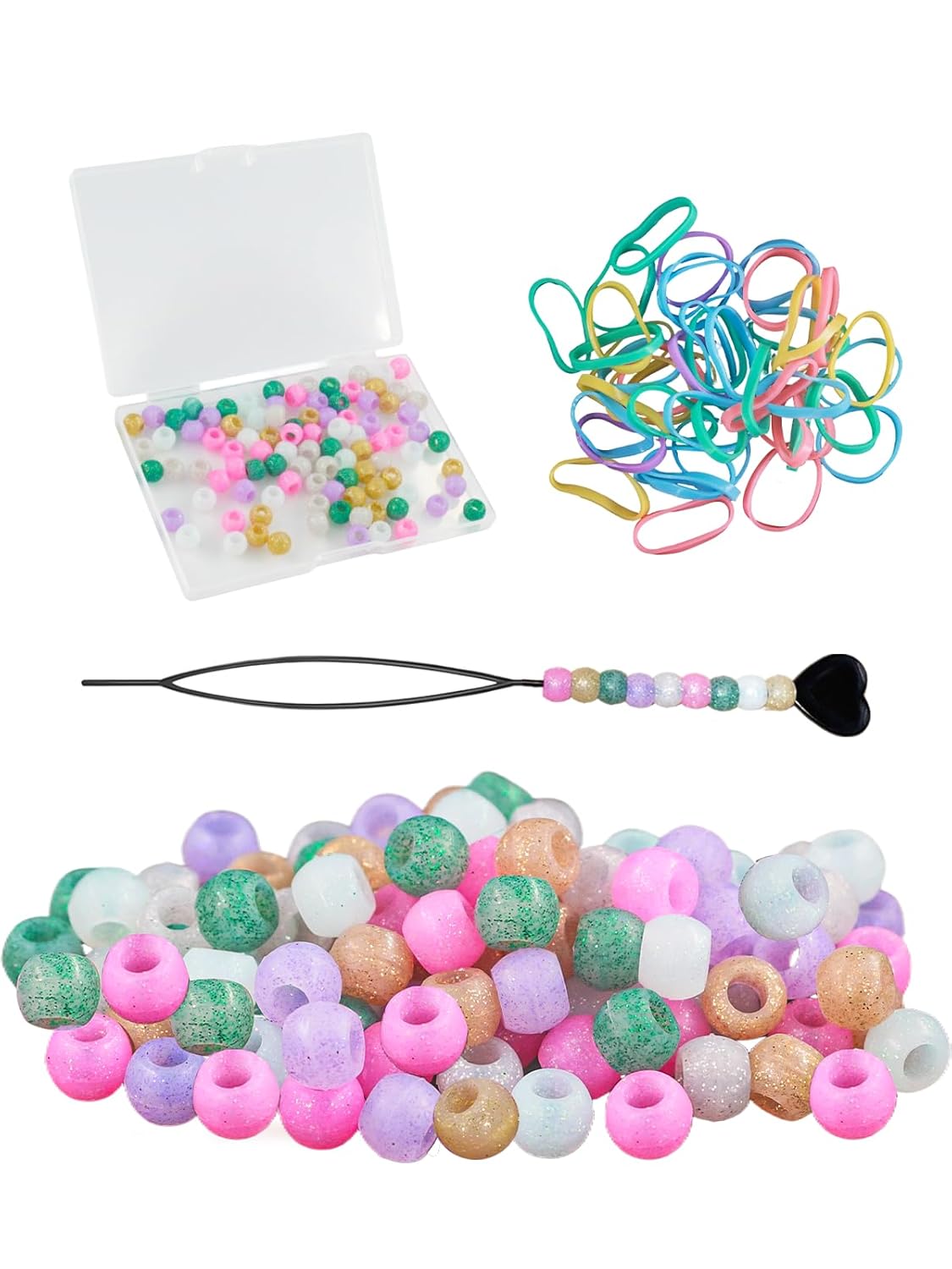 100 Small Silicone Hair Beads Glow in Dark for Kids Girls Braids, 5mm Colorful Soft Silicone Hair Beads, 1 Plastic Quick Beaders for Hair Braids, 50 Elastic Rubber Bands
