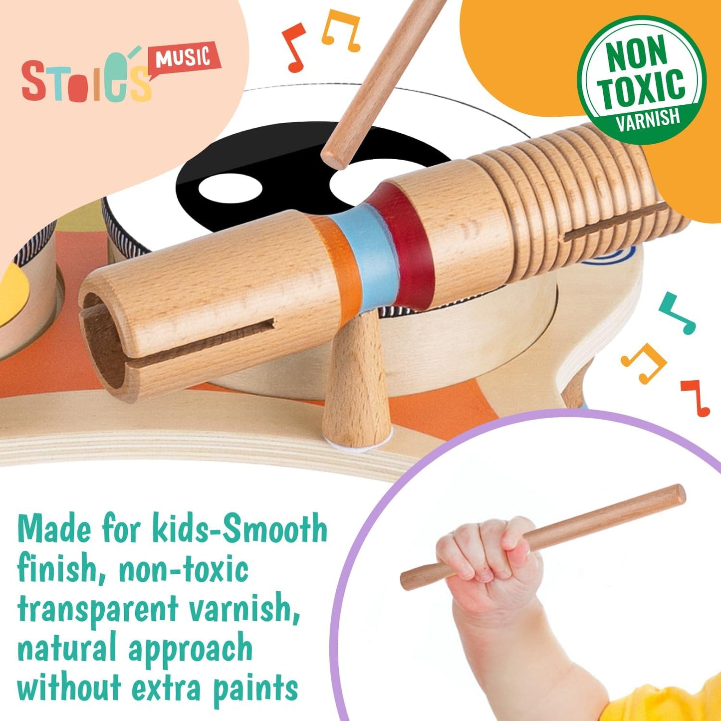Stoie's Wooden Toddler Musical Instruments with Drum, Hand Bells, Flute, Maracas, Castanet, Tamburine, for Babies and Kids, Eco Friendly Montessori Educational Toy
