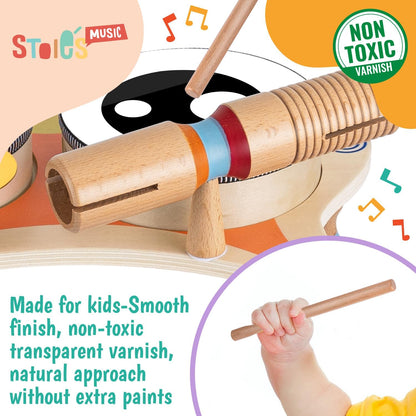 Stoie's Wooden Toddler Musical Instruments with Drum, Hand Bells, Flute, Maracas, Castanet, Tamburine, for Babies and Kids, Eco Friendly Montessori Educational Toy