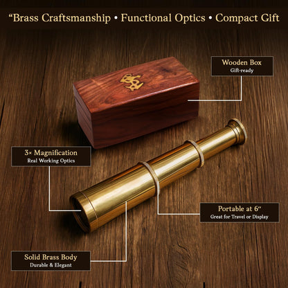 NauticalMart 6 Inch Brass Telescope with Wooden Box for Nautical Collectibles and Pirate Spyglass for Young and Adults, Ideal Decorative Piece for Home or Office