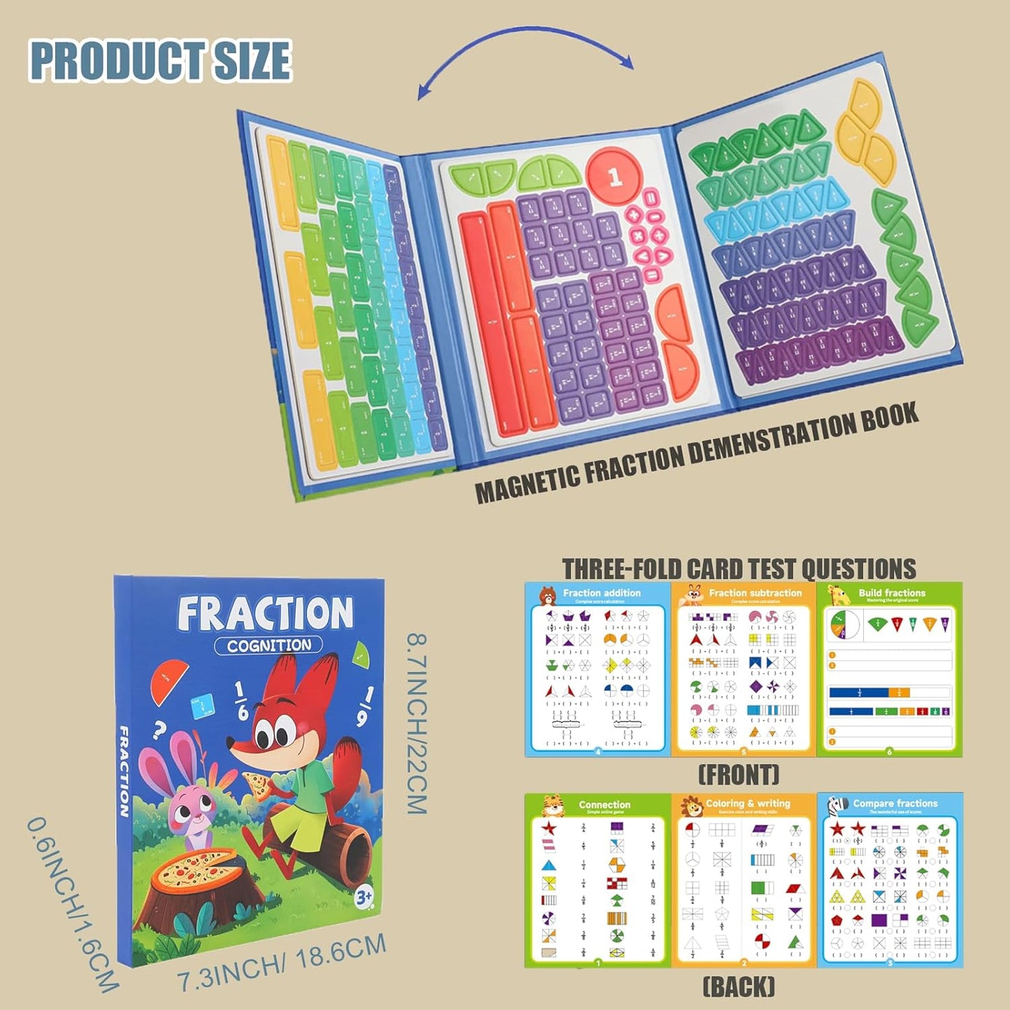 Magnetic Fraction Demenstration Book, Magnetic Fraction Educational Puzzle, Magnetic Fraction Tiles and Circles, Elementary Fraction Manipulatives, Montessori Math Teaching Aid for Kids (3 FOLD)
