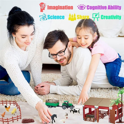 Mini Toy Barn Farm Toys Playset, 66PCS Plastic Farm Animals Figurines and Fence Farm Playset, Farm Figures Farmer Vehicle Toy Truck with Trailer for 3-12 Years Old, Christmas Birthday Gifts for Kids