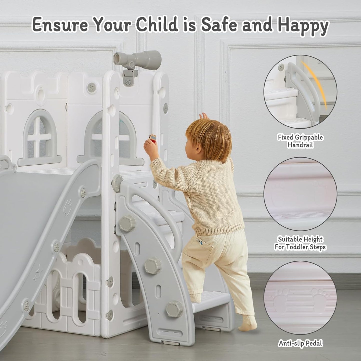 LulliSpace 6 in 1 Toddler Slide,Kids Climber Slider for Indoor Outdoor Playground with Basketball Hoop,Storage and Telescope,L Shaped Slide for Toddler Climber Playset