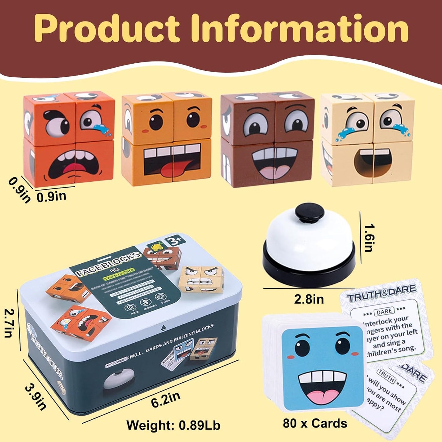 Face Changing Magic Cube Game, Wooden Expression Puzzle Block Games, Fine Motor Skills Board Games for Kids & Adults with Bell
