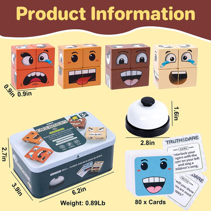 Face Changing Magic Cube Game, Wooden Expression Puzzle Block Games, Fine Motor Skills Board Games for Kids & Adults with Bell