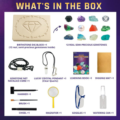 PIBEX Birthstone Dig Kit, Excavate 12 Real Gems & Crystals, DIY Gemstone Necklace & Bonus Pendant, STEM Educational Gemology Toy, Rock Geology Gifts for Boys & Girls 6-12