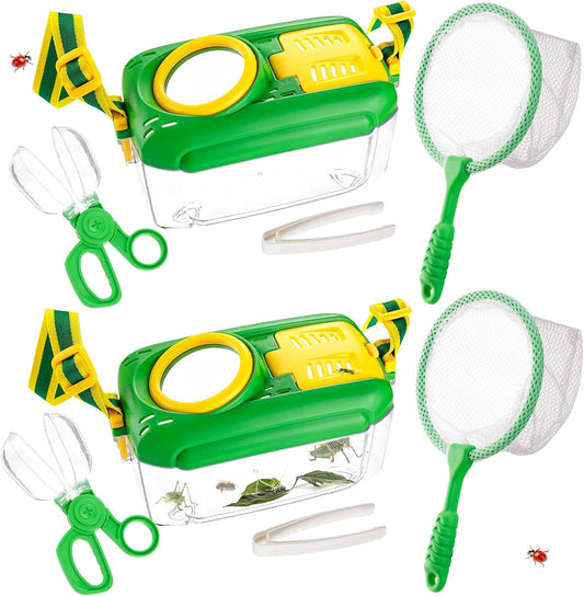 2 Set Bug Catcher for Kids- Educational Bug Catching Kit Including Butterfly Net, Insect Clip, Tweezer, Outdoor Toys for Kids Ages 3-10 (Pink & Green)