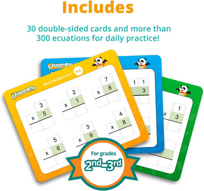 Channie’s Single Digit Multiplication Flashcards, 30 Double-Sided Dry Erase 2nd - 3rd Grade Multiplication Flash Cards, Easy-to-Use Level 1 Multiplication Practice, 300+ Problems