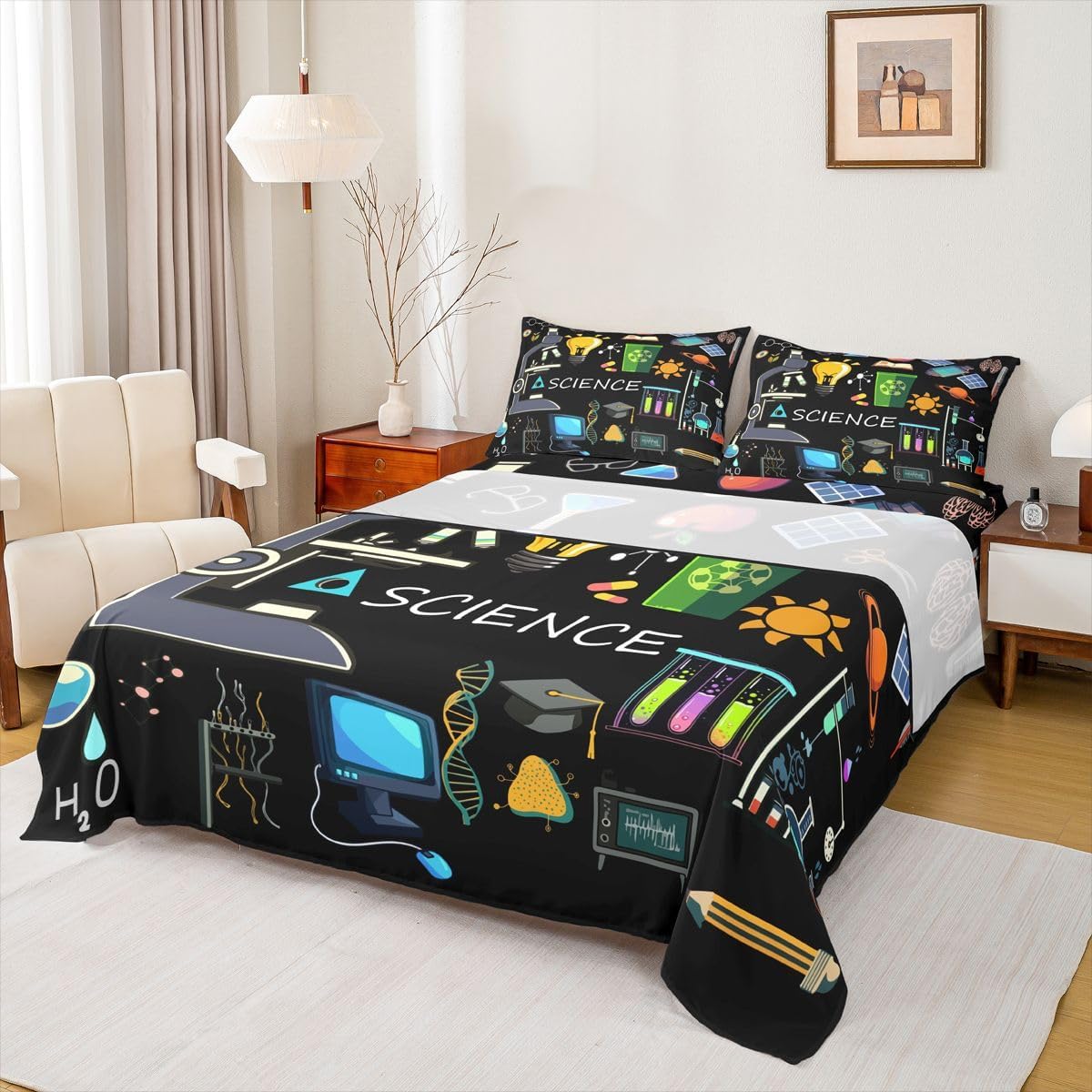 Erosebridal Science Theme Bed Sheets Set Full Size for Boys Girls Chemistry Periodic Table Print Sheet Set Chemical Subject Theme Sheets Teens Kids Math Science Atyle Fitted Sheet 4 Pcs