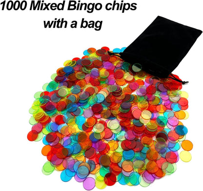 JUNWRROW 1000 Pieces 3/4 inch Transparent 6 Color Bingo Counting Chips with Bag - for Large Group Games, Game Night & Educational Activities