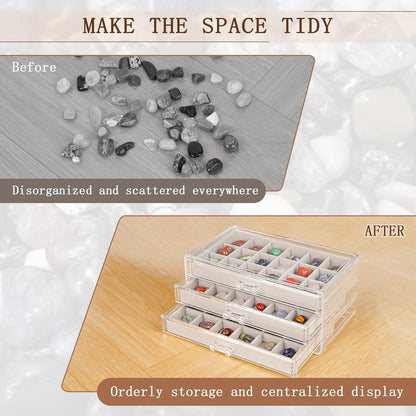 Bfttlity Acrylic Rock Display Case,54 Grids Rock Collection Box for Kids with Mini Magnifying Glass and Gloves, Clear Display Cases for Stones Collectibles Gemstone Crystals Storage Boxes